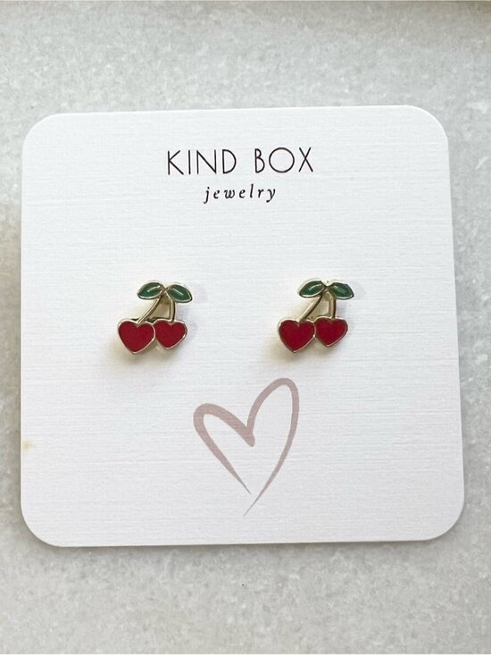 Jewelry - Cherry Heart Stud Earrings - Red and Green